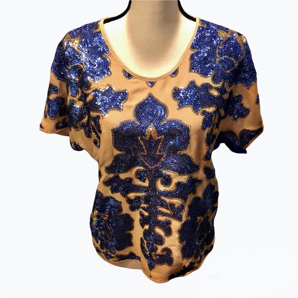 TRACY REESE NEIMAN MARCUS FOR TARGET BEIGE & ROYAL BLUE SEQUIN TOP - Picture 3 of 16
